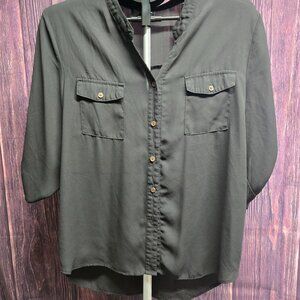 Love Fire Black Button Front Blouse Roll Tab Sleeves Size XL